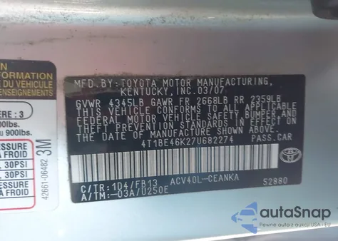 2007 Toyota Camry Le from USA, damaged, VIN 4T1BE46K27U682274